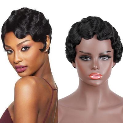 China Short Vigorous Finger Wave Cheap Wigs Short Wavy Wigs For Women Hair Pixie Cut Machine Made Synthetic Wigs No Lace Front for sale