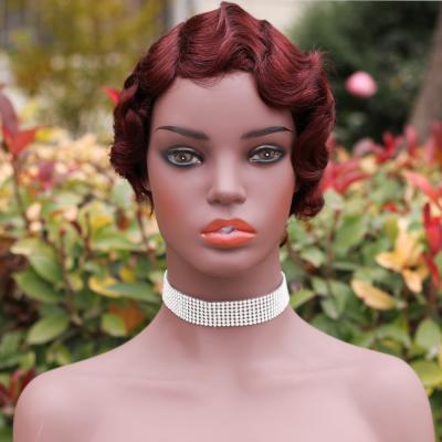 China Finger Wave Nuna Short Vigorous Pixie Wigs Cute Curly Wigs For Women Finger Wave Hair Wig Wine Red for sale