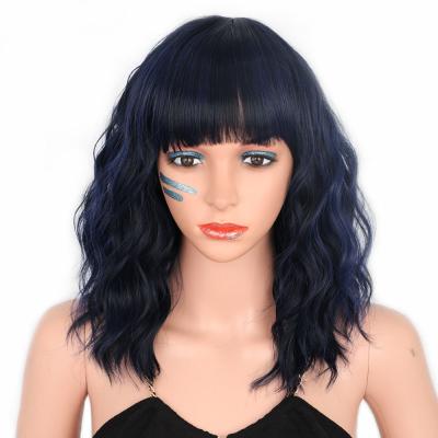 China African Black Purple Bob With Bang Afro Mixed Body Wave Good Quality Heat Resistant Short Loose Synthetic Wig for sale