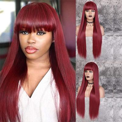 China Sturdy Silky Straight Wave Long Straight Wig With Bangs Wine Red Color Synthetic Hair Wigs For Women Heat Resistant Fiber Wholesale Price for sale