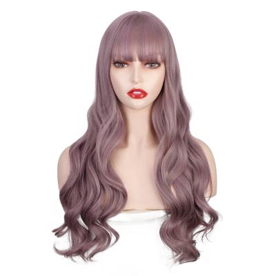 China Vigorous Body Wave Women's Long Purple Curly Wavy Wigs With Air Bangs Middle Part Synthetic Cosplay Wig For Girl Costume Wigs for sale