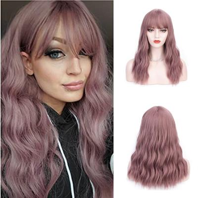 China Cheap Heat Resistant Body Wave Color Long Purple Wavy Medium Hair Part Wig With Bangs Synthetic Fiber Hair Wigs For Women for sale