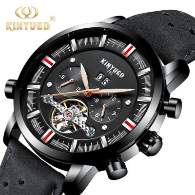 China KINYUED J019-4  Private Label Black Case Black Dial Genuine Leather Auto Date Skeleton Automatic Mechanical relogio masc for sale