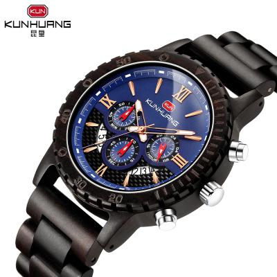 China Man Black Sandal Wooden Quartz Watch Blue Dial 6 Pointers 1014-2 for sale