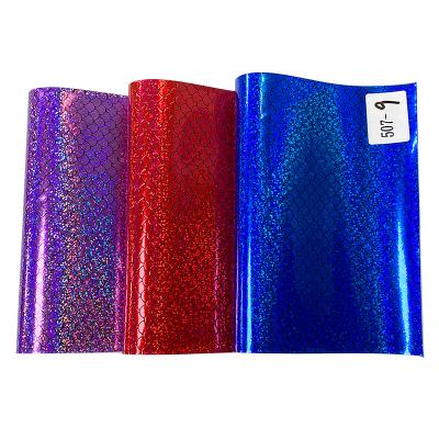 China Waterproof Shiny Mermaid Pattern Embossed Holographic Metallic Synthetic PU Leather Cotton Holographic Backing For Purse Wallet Earrings for sale