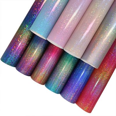 China Waterproof Colorful Holographic Faux Laser Glitter Fabric Imitation Flannel Cotton Leather Backing PU For Shoulder Bag/Shoes/Garment Making for sale