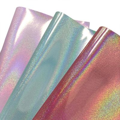 China Anti-rust Rainbow Mirrored Holographic Design PU Faux Leather Fabric For Making Shoe/Bag/Hair Bow for sale