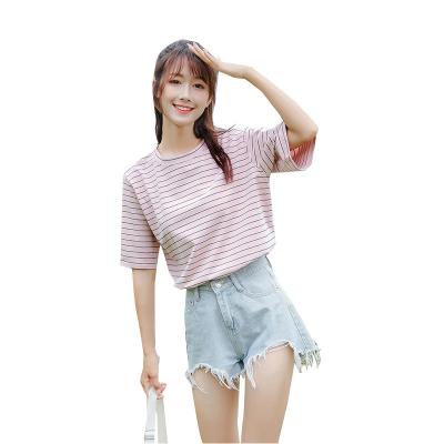 China New Style Anti-wrinkle 2021 Summer Fashion Student Slim Striped Short T-shirt Girl's Sleeve Leisure T-shirt for sale