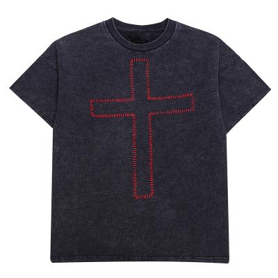 China Anti-pilling 100% Cotton Cross Embroidery Shirt Black Unisex Oversized Custom Design Street T-shirt Wholesale for sale