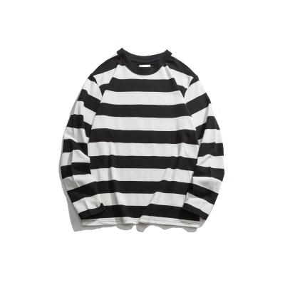 China Black And White Striped 60% Cotton 40%Polyester Anti-pilling Loose Round Neck Long Sleeve Unisex T-shirt for sale