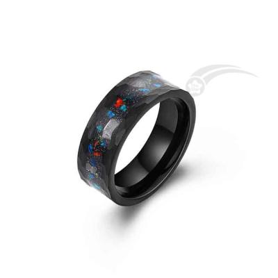 China 8 MM Opal And Meteorite Ring Wedding Band Hammered Edge Tungsten for sale