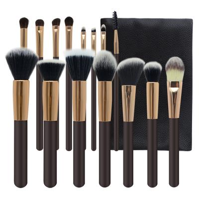 China Angular Blush 15 Pcs Full Set Private Label Coffee Gold Flat Brush Professional Makeup Custom for sale