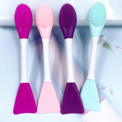 China Angular Blush Hot Selling Double Head Exfoliating Soft Brush Flat Customized Blue Silicone Mask Facial Cleansing Brush for sale