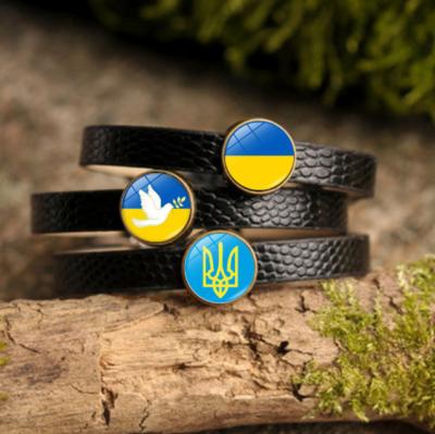 China Ethnic Ukrainian Leather Bracelet Fashion Jewelry Black PU Gemstone Flag Women Simple Personalized Bangle Designer Bangle for sale