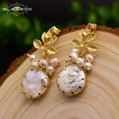 China Ethnic Natural Freshwater Pearl Earrings Plant Baroque Leaves Dangle Earrings For Women Statement Fashion Handmade Fine Jewelry for sale