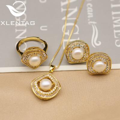 China Hot Vintage Fashion Ladies Jewelry Set Gift Banquet Natural Freshwater Pearl 18k Gold Plated Necklace Earrings Ring Jewelry Set for sale