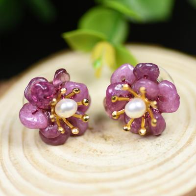 China Cute Natural Amethyst Tourmaline Stud Earrings For Women Flower 925 Sterling Silver Earring Original Designer Jewelry Earring volume for sale