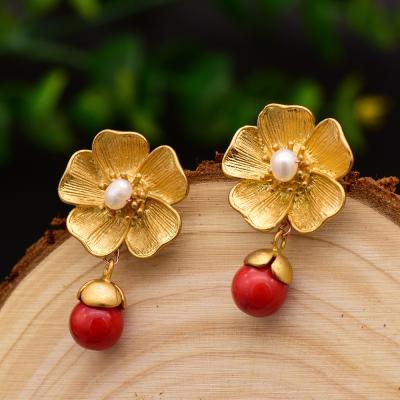 China Ethnic Natural Red Chalcedony Dangle Earrings For Women Freshwater Pearl Earring Earings For Women 2020 for sale