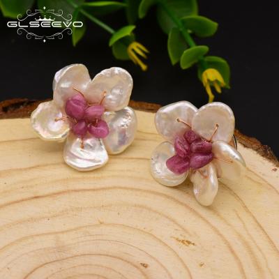 China Ethnic Natural White Baroque Freshwater Pearl Stud Earrings Silver Tourmaline Flower Earring Jewelry for sale