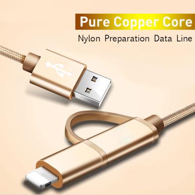 China Type-c Android USB dual-use flat two-in-one metal woven nylon mobile phone data charging cable for sale