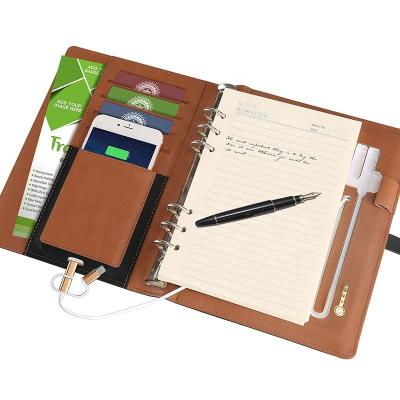 China Leather Spiral Pocket USB PU Planner Dairy Notebook Organizer with Powerbank for sale