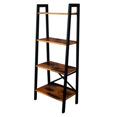 China Customizable Stylish Dorm Ladder Style Bookcase Metal Frame Furniture Shelving Unit Vintage Leaning Wooden Shelf for sale