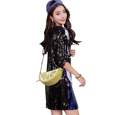 China Hip Hop Women's Casual Short Sleeve O-Neck Sequined T-Shirt Dress for sale