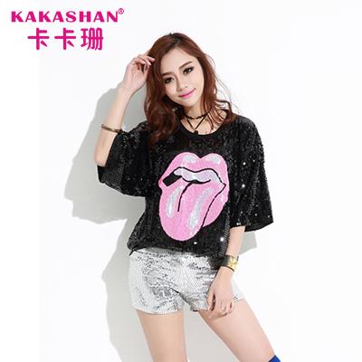 China Women Breathable Hip Hop Loose T Shirt Plus Size Sequin Tops Party Wear for sale