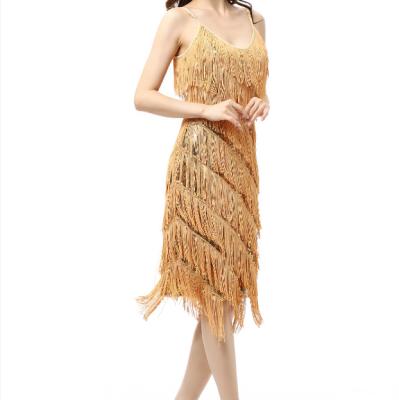 China New Breathable High Quality V Neck Sequin Tassel Prom Dress Women Midi Party Dance Dress for sale