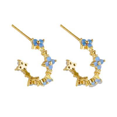 China Blue Lake Zircon Flower C Shaped Circle Earrings E0537 CZ Diamond Huggie Earring Soft Floral Lake Blue Zircon Flower C Shaped Circle Earrings circle for everyday stylish women for sale