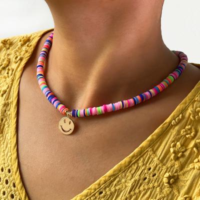 China Handmade Polymer Clay Bead Necklace N0379 Rainbow Polymer Clay Bead Smile Pendant Necklace with Pottery Pendant Colorful Soft Disc Beaded Face Scarf Necklaces for sale