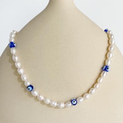 China Blue Colored Chandelier Devil Eyes Beads Choker Necklace N0421 Baroque Natural Freshwater Pearl With Eye Necklaces For Women Blue Colored Chandelier Devil Eyes Beads Choker Necklace for sale