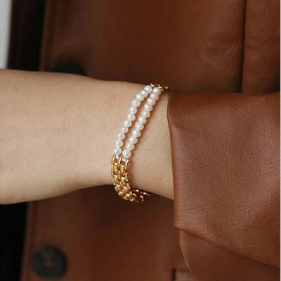 China B0089 2 Chunky Wide Layered Natural Freshwater Pearl Bracelet Watch Band Chain Bracelets B0089 2 Wide Chunky Freshwater Pearl Chain Bracelets For Women Luxury Mixed Chain Jewelry for sale