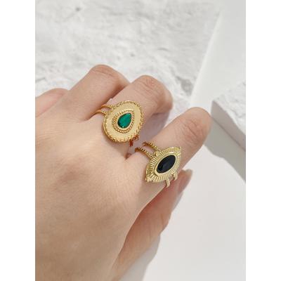 China Open Round Oval Rhinestone Open Ring R0345 Stainless Steel Trendy Black Green Rings For Women Vintage Round Oval Rhinestone Open Adjustable Ring Stackable for sale