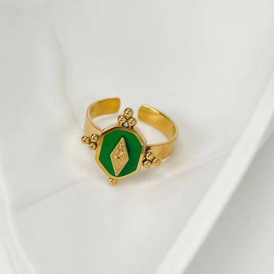 China Vintage Geometric Green Open Enamel Ring Vintage Open Enamel Ring For Women Retro Gold Plated Titanium Steel Rhombus Adjustable Rings for sale