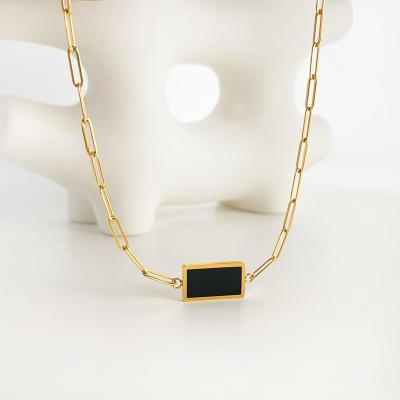 China Rectangle Shell Paperclip Chain Necklaces N0584 Black Vintage Natural Gold Plated Titanium Steel Choker For Women Rectangle Minimalist Black Shell Paperclip Chain Necklaces Natural for sale