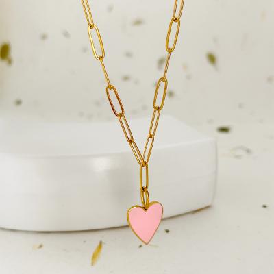 China N0476 Love Chain Love Paperclip Heart Pendant Necklaces Cute Sweet Minimalist Pink Enamel Pendant For Women Heart Paperclip Chain Pendant Necklace for sale