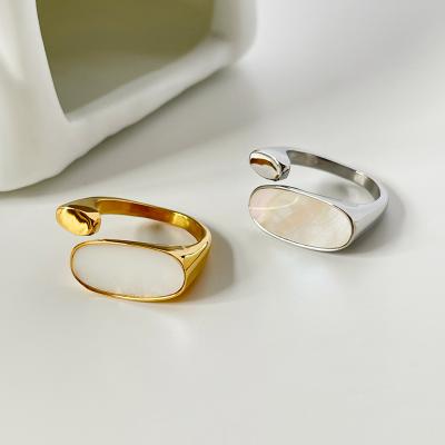 China Trendy Geometric White Shell Open Rings Wholesale 18k Gold Plated Titanium Steel Chic Ring For Women Trendy Geometric White Shell Open Rings Size 7 for sale