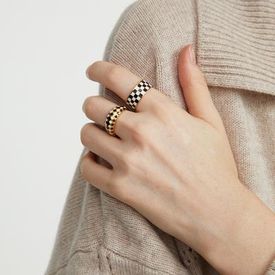 China White and Black Checkerboard Enamel Ring R0340 2 Designs White Gold Color and Black Enamel Ring for Women Classic Chess Plaid Rings Wholesale Checkerboard Ring for sale