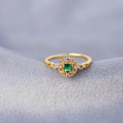 China Vintage Green Gemstone Open Adjustable Rings Luxury Gold Plated Hollow Jewelry Flower Pearl Stone Ring For Women Vintage Green Gemstone Open Adjustable Rings for sale