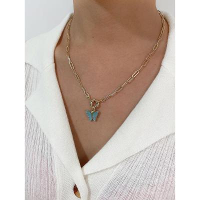 China Resin Cute Blue Pink Blue Butterfly Necklaces N0576 Cute Butterfly Charm Paperclip Chain Pendant Necklace For Women Girls Cute Pink Blue Blue Resin Butterfly Pendant Necklaces for sale