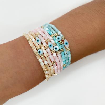 China Boho natural shell beaded devil eye bracelets B0072 3 designs handmade multicolor natural shell bead bracelet for women boho beaded devil eye bracelets for sale