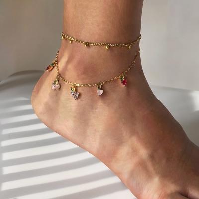 China Cute Candy Color Zircon Fruit Charm Anklet A0001 Cute Candy Color Zircon Fruit Charm Anklet For Women Elegant 18k Gold Plated Summer Thin Foot Jewelry link chain anklets for sale