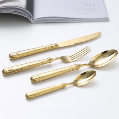 China Viable Creative Eco-Friendly Titanium Reusable Cutlery Set Stainless Steel Gold Cutlery Wedding Knife Spoon Fork Gold Cutlery Set for sale