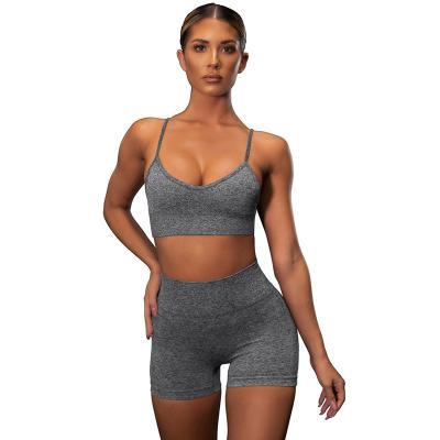 China Breathable Ready To Ship Empty Hot Sexy Activewear Stacked Running Yoga Set Women Gym Fitness Exercise Girls Tops Color Shorts Sportswear for sale