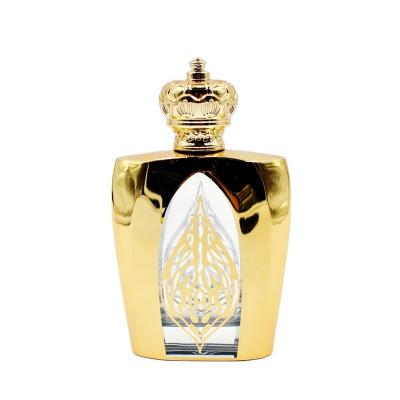 China 100ml Zamac UV Gold Cap Personal Care Crown Gold Coloring Perfume Bottle for sale