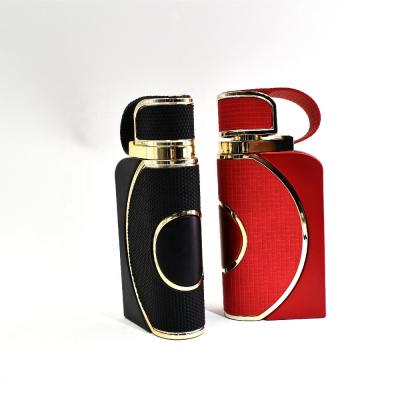 China Hot Selling Luxury Personal Care Red Wine And Black Perfume 100ml Glass Bottle Perfume With Cap And Leather for sale