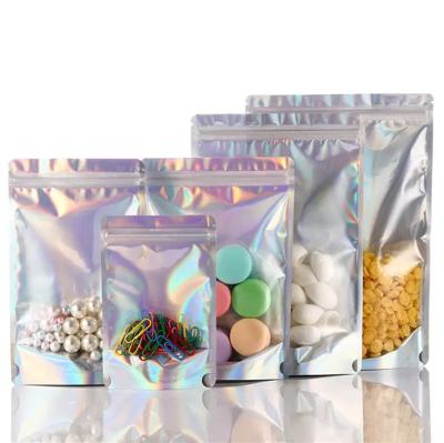 China Reusable Recyclable Glitter Foil Holographic Transparent Self Wrapping Self Wrapping Bag Zipper Food Packet Pouches Sealable Pouches for sale