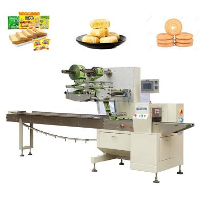 China Cheap price food drive electric double bun three servos cheap flow tortilla packaging machine, flow packing machine manufacturer for sale