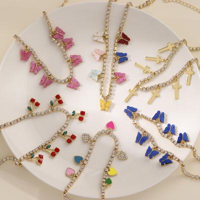 China Other Net Heart Set Red Colored Cross Set Colorful INS Diamond Necklace Claw Diamond Necklace Clavicle Chain for sale